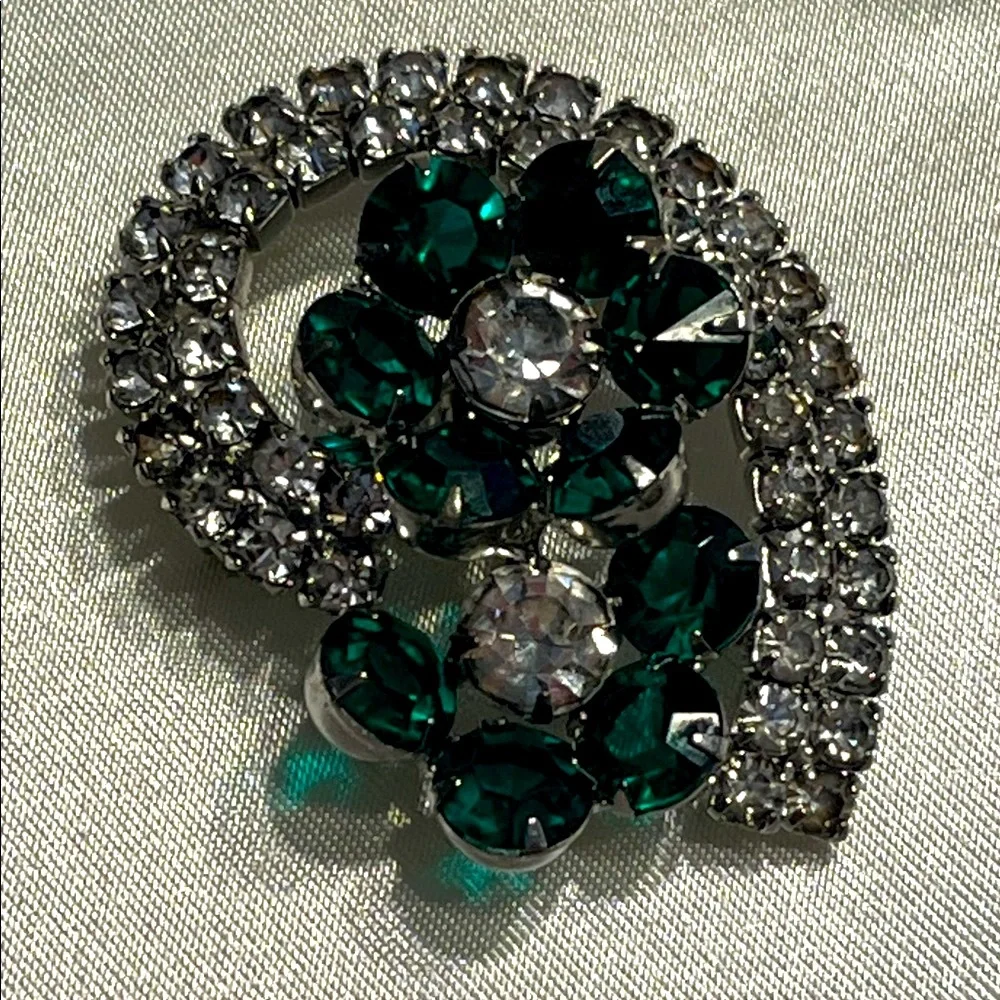 Vintage Silver and Teal Crystal Brooch